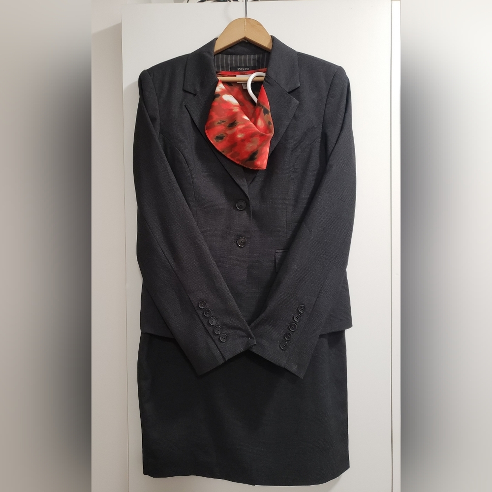 Dark Grey Blazer and Skirt Set with Red Sleeveless Blouse